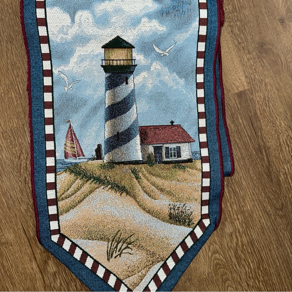 Lighthouse Tapestry‎ Table Runner Nautical Beach Sea Sailboat 13" x 70" vintage